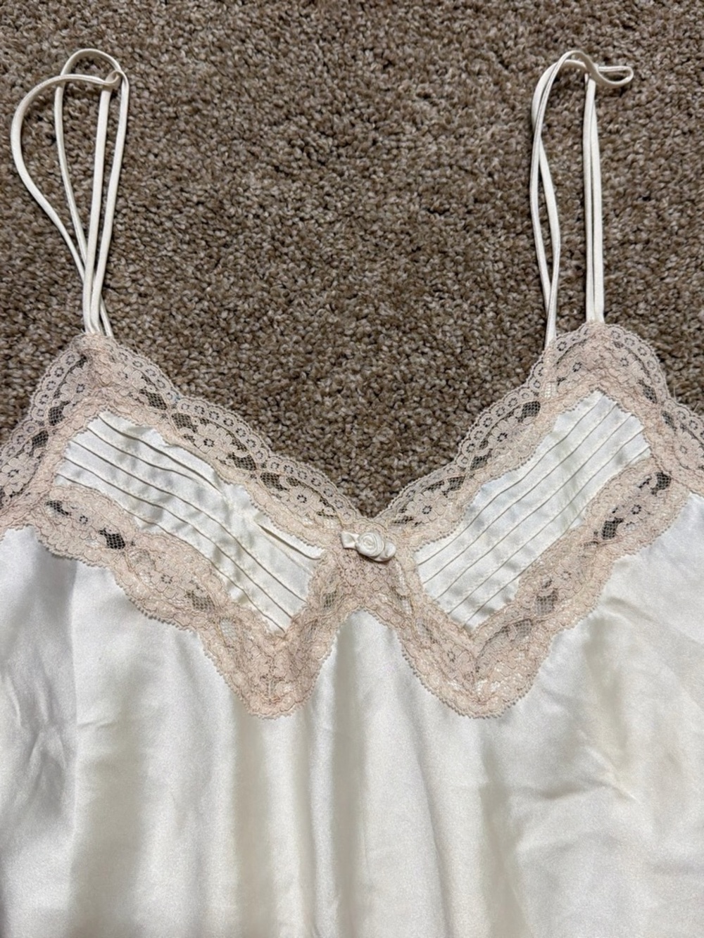 Vintage 2000s made Miss Elaine Ivory Satin Camisole with Blush Lace Trim